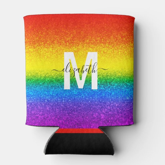 Monogram voor Chic Rainbow Glitter Stripes Blikjeskoeler (Achterkant)