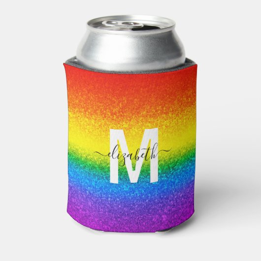 Monogram voor Chic Rainbow Glitter Stripes Blikjeskoeler (Blikje Achterkant)