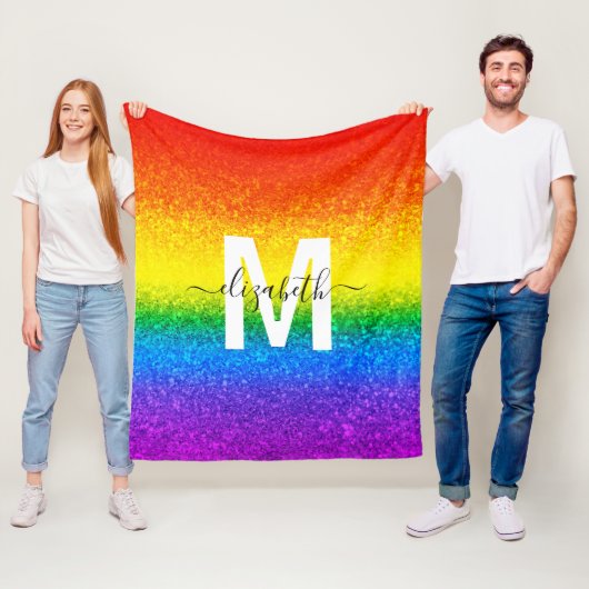 Monogram voor Chic Rainbow Glitter Stripes Fleece Deken (In situ)