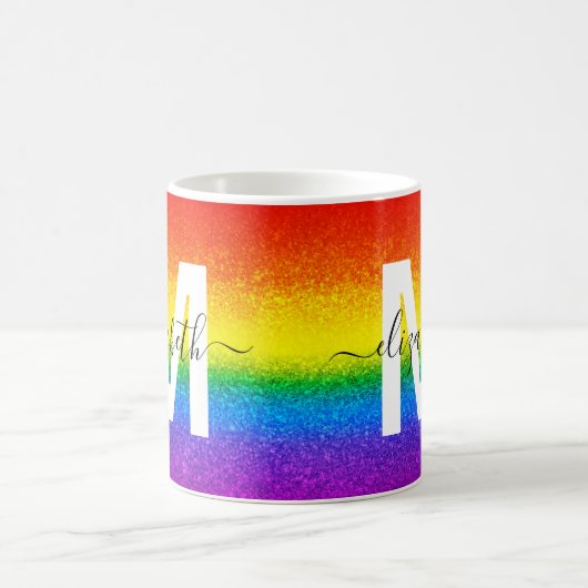Monogram voor Chic Rainbow Glitter Stripes Koffiemok (Center)