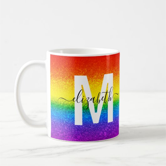 Monogram voor Chic Rainbow Glitter Stripes Koffiemok (Links)