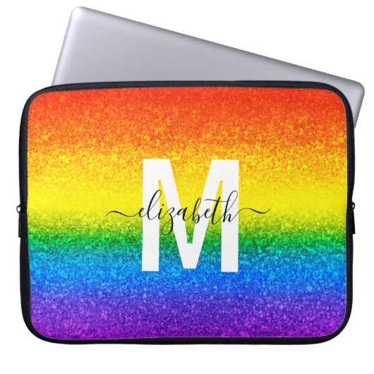 Monogram voor Chic Rainbow Glitter Stripes Laptop Sleeve (Voorkant)