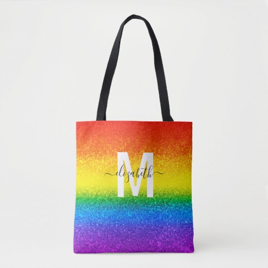 Monogram voor Chic Rainbow Glitter Stripes Tote Bag (Voorkant)