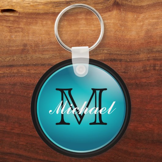 Monogram voor Classy Black en Turquoise - Naam Sleutelhanger (Achterkant)