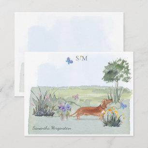 Monogram voor Cute Brown Dachshund Dog Butterfly  Notitiekaartje