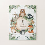 Monogram voor Cute Personalised Woodland Forest An Legpuzzel<br><div class="desc">Dit schattige ontwerp bevat een groep schattige bosareaal en botanische waterverf. Pas het aan met de naam van uw kind door op de knop 'Personaliseren' te klikken.</div>