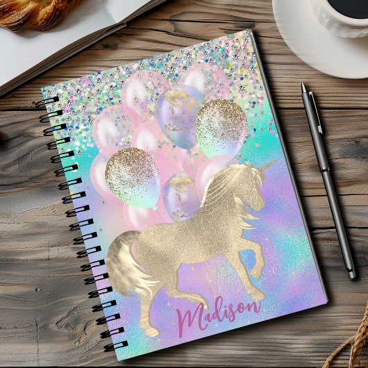 Monogram voor Cute Rainbow unicorn glitter ballons Notitieboek