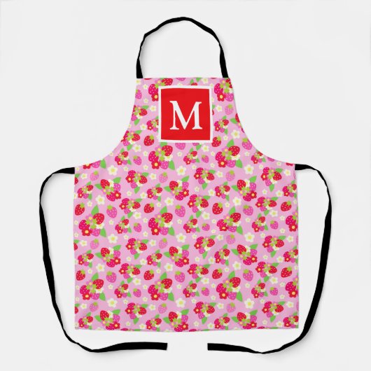 Monogram voor Cute Summer Strawberries Schort (Voorkant)