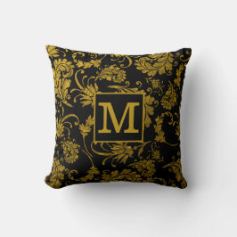 Monogram voor de familie Black and Gold Damask Kussen