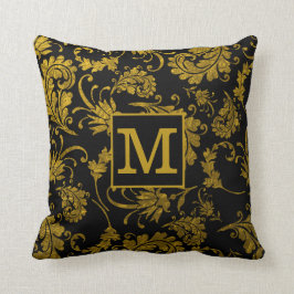 Monogram voor de familie Black and Gold Damask Kussen