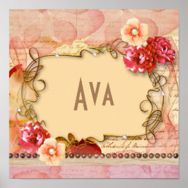 Monogram voor de gepersonaliseerde roze Floral Gir Poster