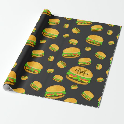 Monogram voor de rotte en leuke yummy-hamburger cadeaupapier (Uitgerold)