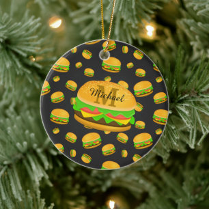 Monogram voor de rotte en leuke yummy-hamburger keramisch ornament