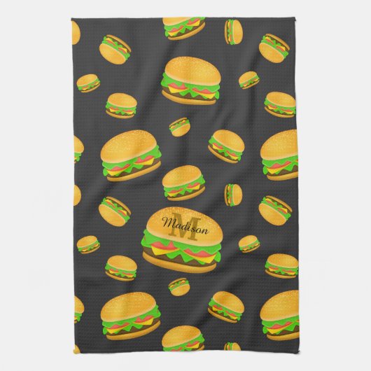 Monogram voor de rotte en leuke yummy-hamburger theedoek (Verticaal)