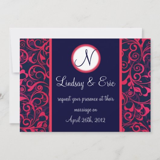 Monogram voor de roze Navy Blue Floral bruiloft Kaart (Voorkant)
