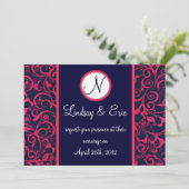 Monogram voor de roze Navy Blue Floral bruiloft Kaart (Staand voorkant)