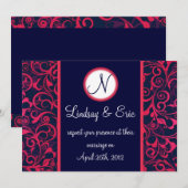 Monogram voor de roze Navy Blue Floral bruiloft Kaart (Voorkant / Achterkant)