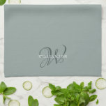 Monogram voor Elegant Chic Sage Green Family  Theedoek<br><div class="desc">Moderne,  elegante keukenhanddoeken voor boerderijen met een monogramma zijn voorzien van uw monogram in geavanceerde scriptkalligrafie onder uw aangepaste familienaam in donkergrijze groene.</div>