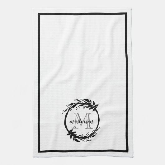 Monogram voor elegant zwart-wit gezin botanisch theedoek (Verticaal)