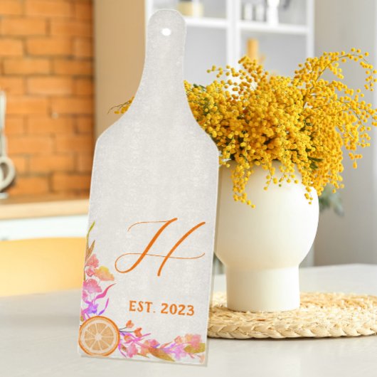 Monogram voor flessenmelk van Oranje vruchten, vas Snijplank