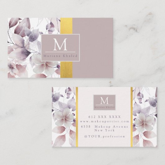 Monogram voor Floral-Paarse natuur en goudmonogram Visitekaartje (Voorkant / Achterkant)