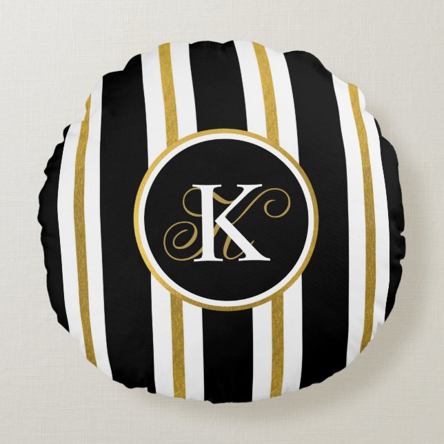 Monogram voor gepersonaliseerde Elegant Black & Go Rond Kussen (Voorkant)
