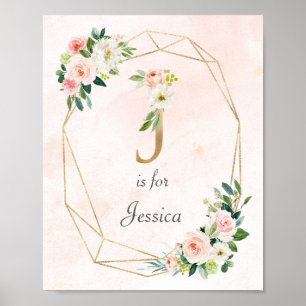 Monogram voor gouden en roze roze rozen Baby Poster