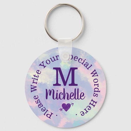monogram voor haar met aangepaste tekst paars sleutelhanger (Voorkant)