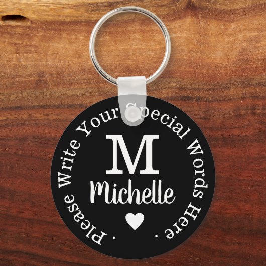 monogram voor haar met aangepaste tekst zwarte lie sleutelhanger (Achterkant)