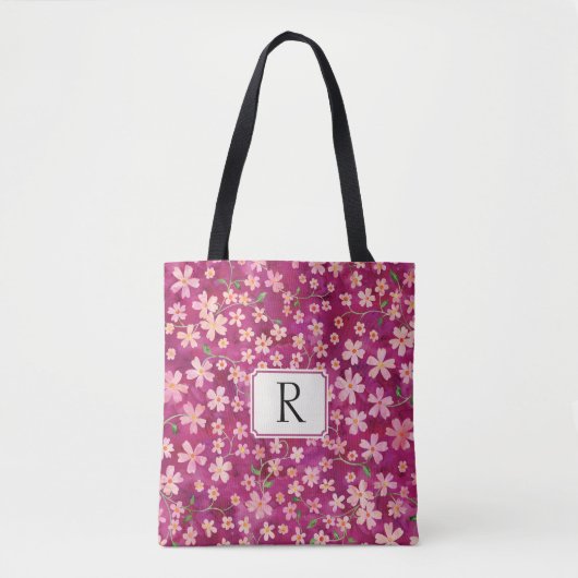 Monogram voor haar vrolijke bloemenroze en Roos Tote Bag (Voorkant)
