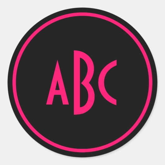 Monogram voor helder roze en zwarte cirkel ronde sticker (Voorkant)