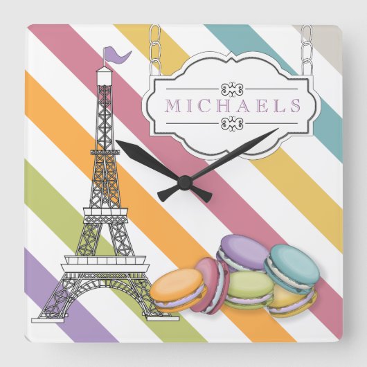 Monogram voor kleurrijke Parijse Macaron Eiffel To Vierkante Klok (Voorkant)
