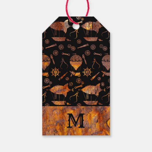Monogram voor kleurrijke vlieger Rusty Steampunk Cadeaulabel (Voorkant)