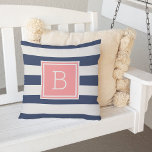 Monogram voor koraal- en zeemacht buitenshuis buitenkussen<br><div class="desc">Voeg een gedurfde, moderne stijl toe aan uw geduld, dek of zwembad met onze monogrammed kussen in de buitenlucht in een klassiek preppy kleurenpalet van koraal en marine. Het ontwerp is voorzien van brede marineblauwe en witte horizontale strepen aan beide zijden, met één initiaal monogram aan de voorzijde in levendige,...</div>