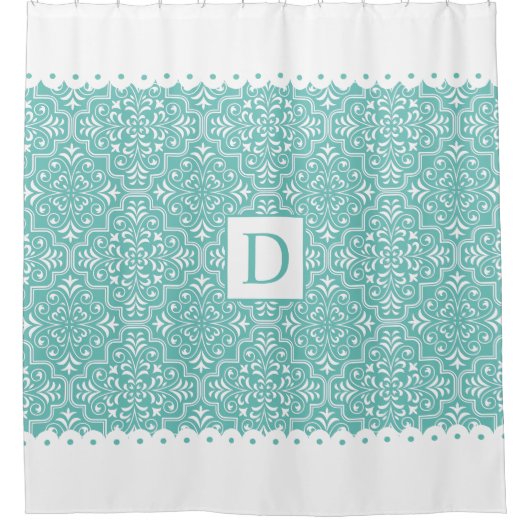 Monogram voor lichte blauwgroen en witte gespleten douchegordijn (Voorkant)