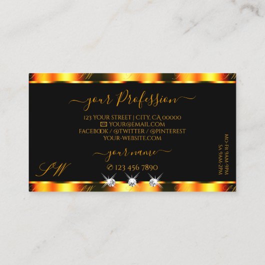 Monogram voor lumierige Oranje zwarte mousserende  Visitekaartje (Achterkant)