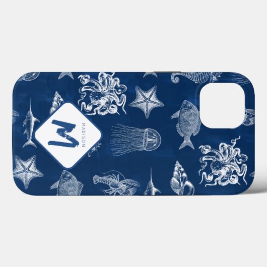 Monogram voor marineblauw Waterverf oceaan Case-Mate iPhone Case (Achterkant (horizontaal))