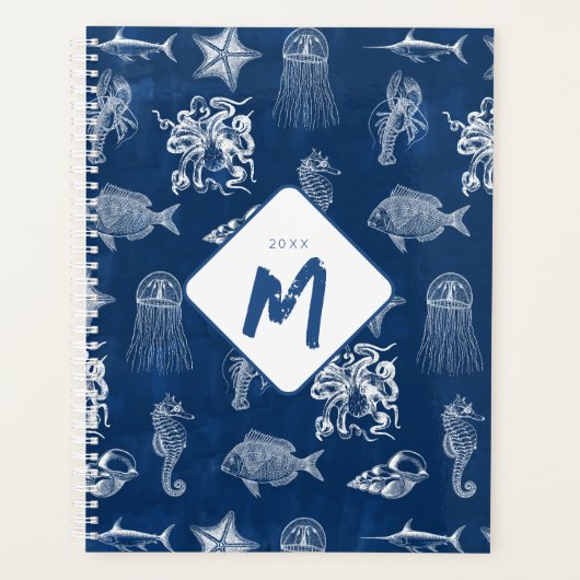 Monogram voor marineblauw Waterverf oceaan Planner (Voorkant)