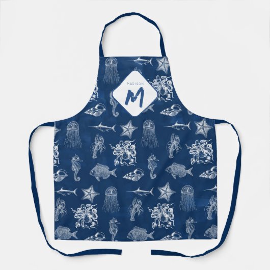 Monogram voor marineblauw Waterverf oceaan Schort (Voorkant)