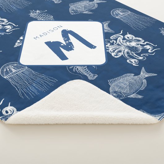 Monogram voor marineblauw Waterverf oceaan Sherpa Deken (3/4)