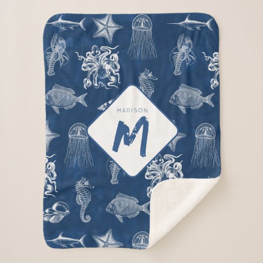 Monogram voor marineblauw Waterverf oceaan Sherpa Deken (Voorkant)