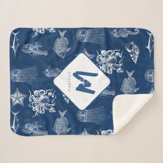 Monogram voor marineblauw Waterverf oceaan Sherpa Deken (Voorkant (horizontaal))