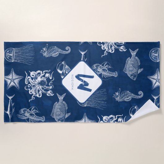 Monogram voor marineblauw Waterverf oceaan Strandlaken (Voorkant)