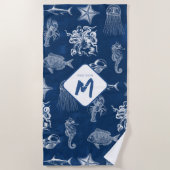Monogram voor marineblauw Waterverf oceaan Strandlaken (Voorkant)
