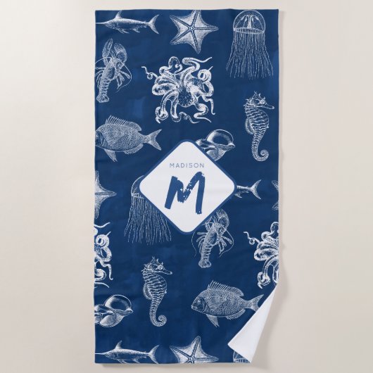 Monogram voor marineblauw Waterverf oceaan Strandlaken (Voorkant)