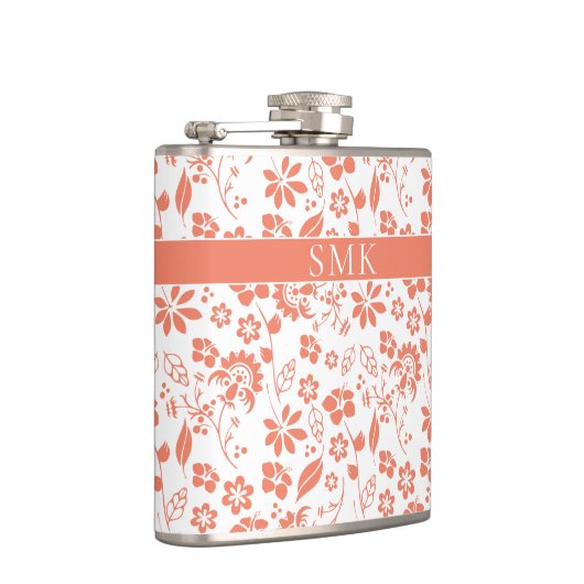 Monogram voor modern perforatekoraal tropisch bloe heupfles (Rechts)