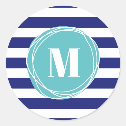 Monogram voor moderne blauw en Aqua Stripes Ronde Sticker (Voorkant)