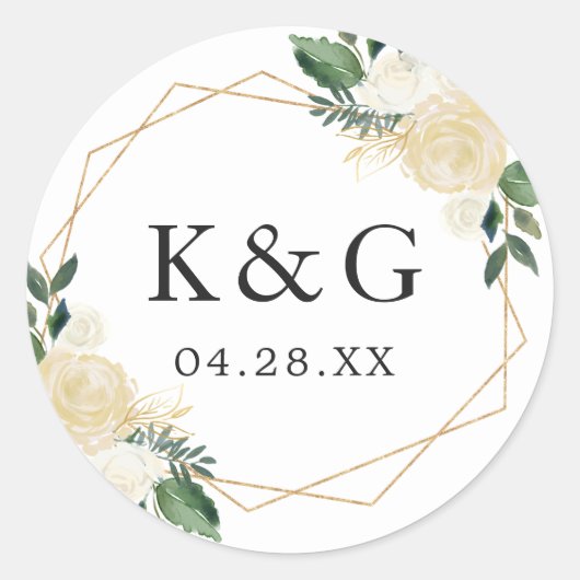 Monogram voor moderne goudgroene Floral Weddenscha Ronde Sticker (Voorkant)