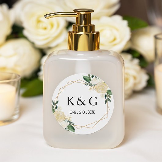 Monogram voor moderne goudgroene Floral Weddenscha Ronde Sticker