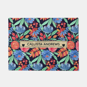 Monogram voor moderne Waterverf in Artsy Coral Blu Deurmat